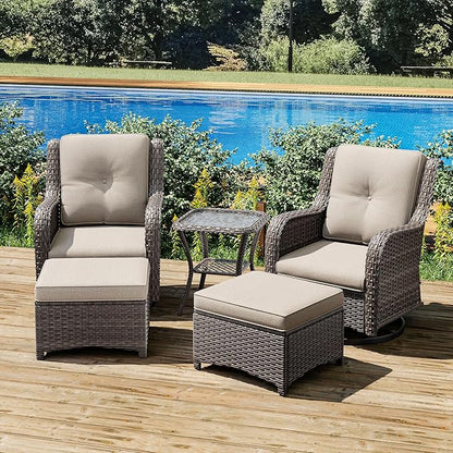 Joyside 5 Piece Outdoor Patio Furniture Set Wicker Conversation Bistro Set Swivel Rocking Chairs with Side Table and Ottomans for Backyard, Porch, Deck(Mixed Grey/Beige)