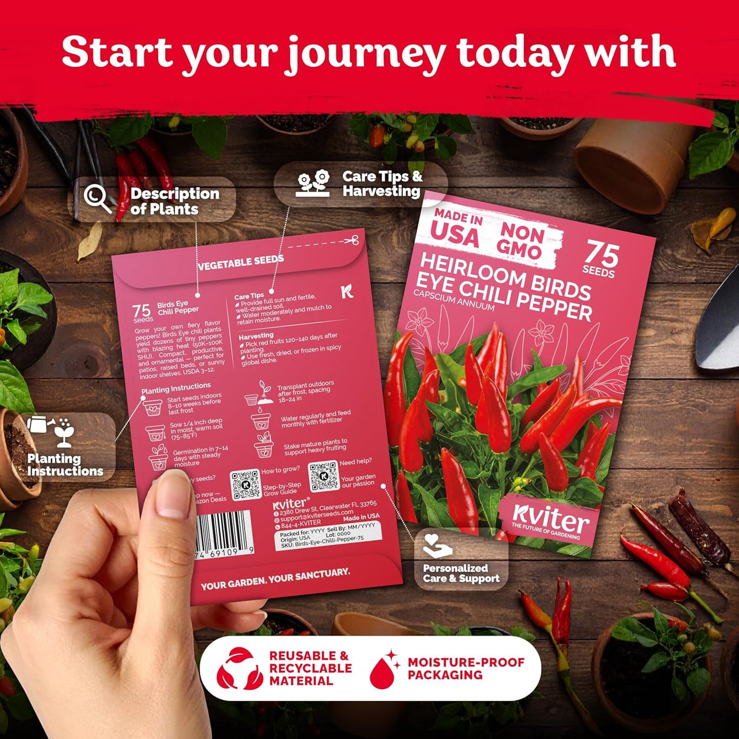 KVITER 75 Birds Eye Chili Pepper Seeds for Planting (Capsicum Annuum) — Thai Chili Red Pepper, Extra‑Hot 50K-100K SHU, High‑Yield Bush — Heirloom & Organic Vegetable Seeds for Outdoor & Indoor Garden