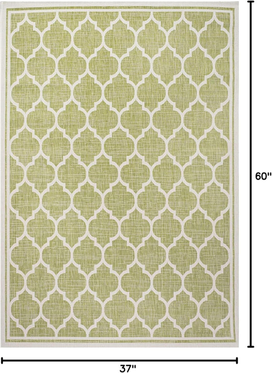 Eyely BMS109G-3 Santa Monica Trebol Moroccan Trellis Textured Weave Indoor/Outdoor Area Rug Coastal;Bohemian, Bedroom, Backyard, Patio, Easy-Cleaning, Non-Shedding, 3 X 5, Green/Cream
