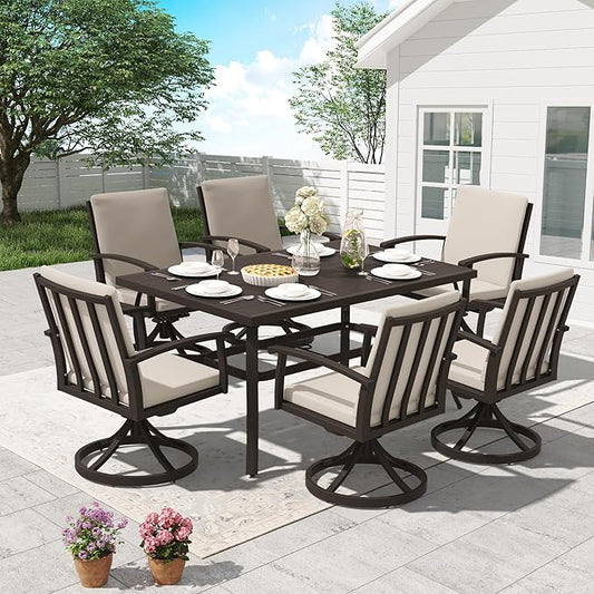 HAPPATIO 7 Piece Patio Swivel Dining Set, Aluminum Outdoor Dining Set for 6,Dining Table and Chairs Set, Patio Dining Furniture with Aluminum Table, Swivel Chairs and Washable Cushions (Black)