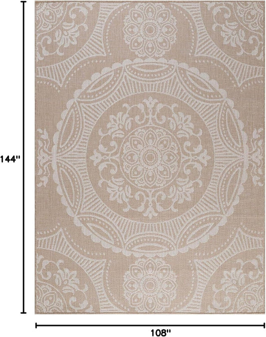 Medallion Outdoor Rug 9x12 Washable Outside Carpet for Indoor Patio Porch Waterproof Easy Cleaning Non Shedding Area Rugs Beige 9 x 12