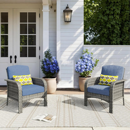 HOOOWOOO Patio Furniture Set,2 Pieces Outdoor Wicker Chairs Set,All Weather Bistro Chairs with Comfy High Back,Denim Blue