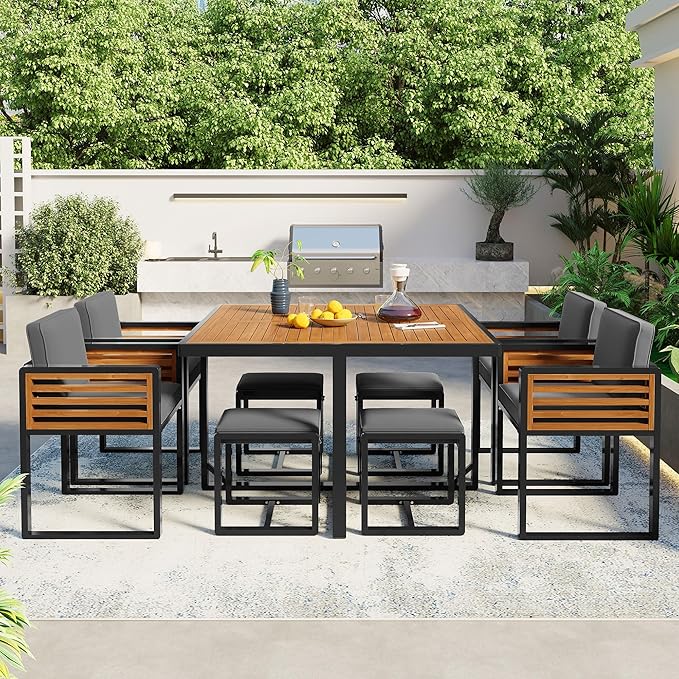 Merax 9 Pieces Outdoor Dining Set for 8 People, Acacia Wood Patio Furniture Sets with 1 Square Table, 4 Cushioned Chairs and 4 Ottomans for Backyard, Garden, Lawn, Poolside, Space Saving Design, Gray