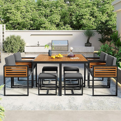 Merax 9 Pieces Outdoor Dining Set for 8 People, Acacia Wood Patio Furniture Sets with 1 Square Table, 4 Cushioned Chairs and 4 Ottomans for Backyard, Garden, Lawn, Poolside, Space Saving Design, Gray