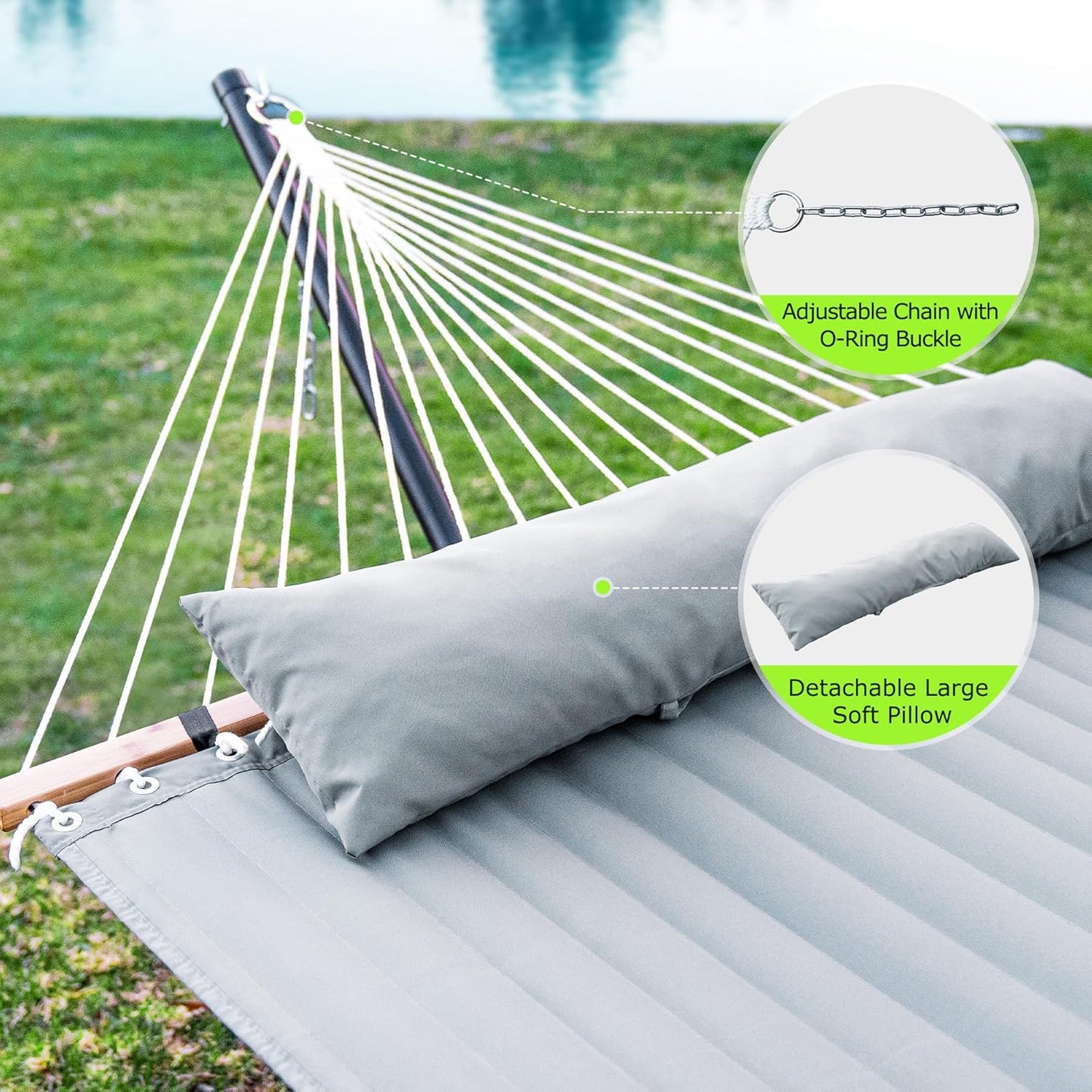 Double Hammock with Stand for Outdoor, Heavy Duty Portable Hammock with Adjustable Steel Stand for Patio, Garden, Beach, Backyard - Includes Carrying Bag,Dark Grey