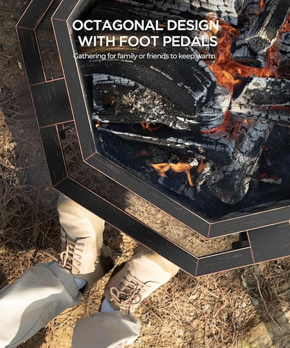 43 inch Fire Pit, Outdoor Fire Pits with Cooking Grill, Wood Burning Fire Pits for Outside, Octagonal Heavy Duty Large Firepit with Poker for Bonfire, Backyard, Camping, Bronze