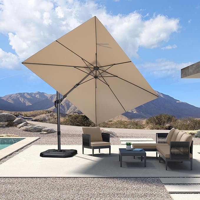 PURPLE LEAF 8.2' X 11.5' Left-right Tilting Patio Umbrella Outdoor Cantilever Swivel Rectangle Umbrella with Tilt Aluminum Offset Umbrella with 360-degree Rotation for Garden Deck Pool Patio Beige