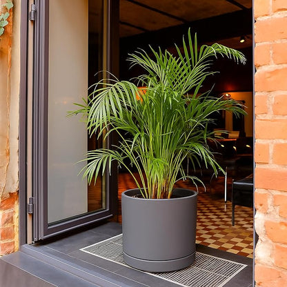 D'vine Dev 14 Inch Ceramic Planter Pot with Drainage Hole and Saucer, Indoor Cylinder Round Planter Pot, Speckled Grey, 94-O-G-3