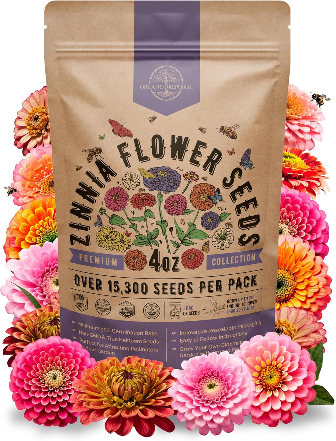Zinnia Seeds Pack 4 oz - Over 15,300 Non-GMO Heirloom Zinnia Seeds for Planting, Annual Flowers in Individual Seed Packet for Planting Home Garden Indoor & Outdoor Gardening