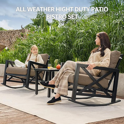NATURAL EXPRESSIONS Rocking Chair Patio Set, 3 Piece Bistro Furniture Set with 2 Rockers, 1 Metal Coffee Table with Thick Cushions, 2 Pack Waterproof Patio Chair Covers