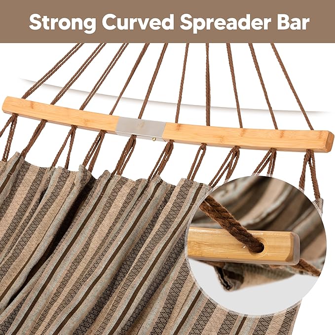 SUNCREAT Hammocks Double Hammock with Curved Spreader Bar, Outdoor Camping Portable Hammock with Carrying Bag & Tree Straps for Patio, Backyard, Balcony, Max 450lbs Capacity, Brown