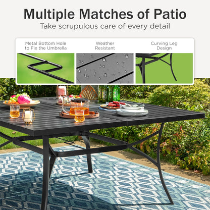 PHI VILLA Large Outdoor Square Dining Table for 8, 60" Metal Steel Slat Table with Umbrella Hole, Weather-Resistant Dining Fruniture for Patio, Deck, Backyard, Porch - Black