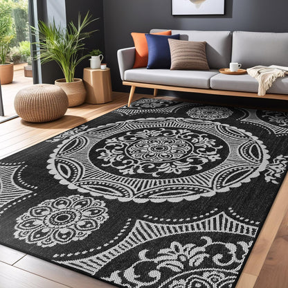 Medallion Outdoor Rug 8x10 Washable Outside Carpet for Indoor Patio Porch Waterproof Easy Cleaning Non Shedding Area Rugs Black 8 x 10