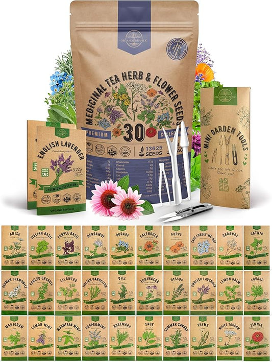 Organo Republic 30 Medicinal Tea Herb & Flower Seeds Variety Pack - 13600+ Non-GMO Heirloom Flower Seeds for Outdoor & Indoor Garden, Including Bergamot, Catnip, Calendula, Dandelion, Lovage, Zinnia