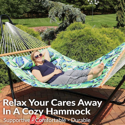 Sunnydaze Quilted Outdoor Hammock with Spreader Bars - Heavy-Duty 450-Pound Capacity Double Hammock for Outside - Exotic Foliage