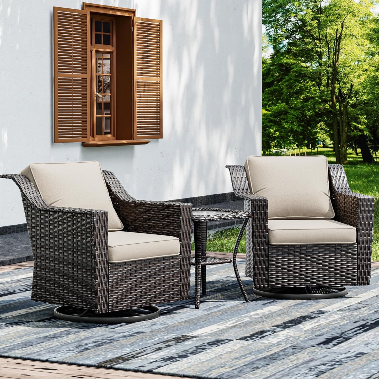 Joyside Wicker Patio Furniture Sets, 3 Pieces Upgraded Large Size Outdoor Furniture with 2 Patio Swivel Chairs and 1 Side Table, Thick Cushions, Wide Armrest