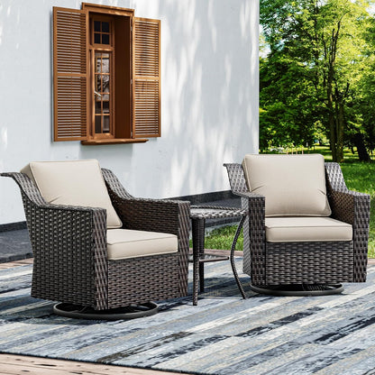 Joyside Wicker Patio Furniture Sets, 3 Pieces Upgraded Large Size Outdoor Furniture with 2 Patio Swivel Chairs and 1 Side Table, Thick Cushions, Wide Armrest