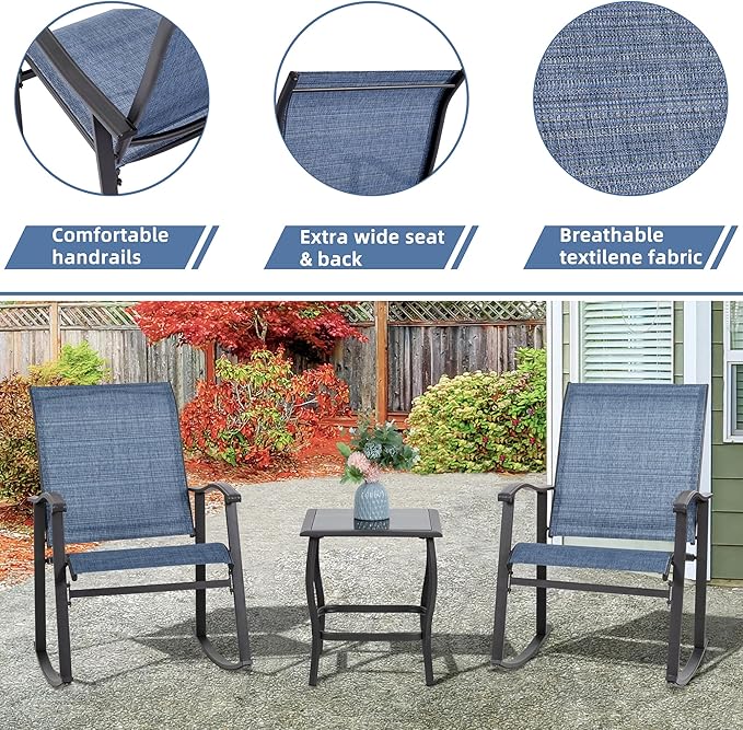 Vongrasig 3 Piece Outdoor Rocking Bistro Set, Textilene Fabric Small Patio Furniture Set, Front Porch Rocker Chairs Conversation Set with Glass Table for Lawn, Garden, Balcony, Poolside (Denim Blue)