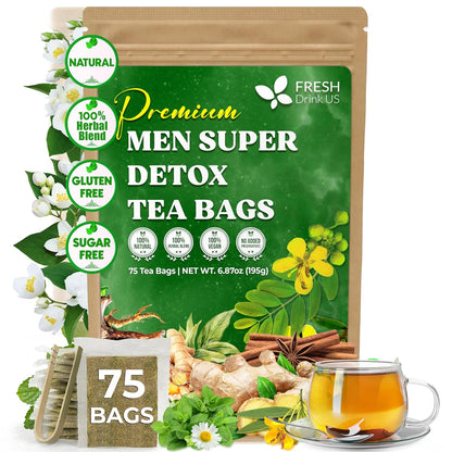 FreshDrinkUS, Premium 75 Tea Bags Men Super Detox Tea – Herbal Blend with Senna, Dandelion Root, Ginger, Peppermint & More – 100% Natural, Sugar-Free. Caffeine-Free. Gluten-Free. Vegan