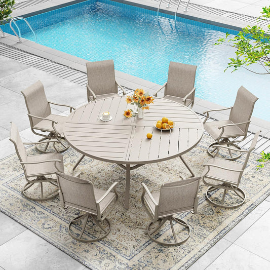 DIFY 59.8" Round Outdoor Patio Dining Table for 8-10, All-Weather Metal Steel Slatted Patio Table with 1.57" Adjustable Umbrella Hole, for Lawn Garden Porch Backyard, Sandshell