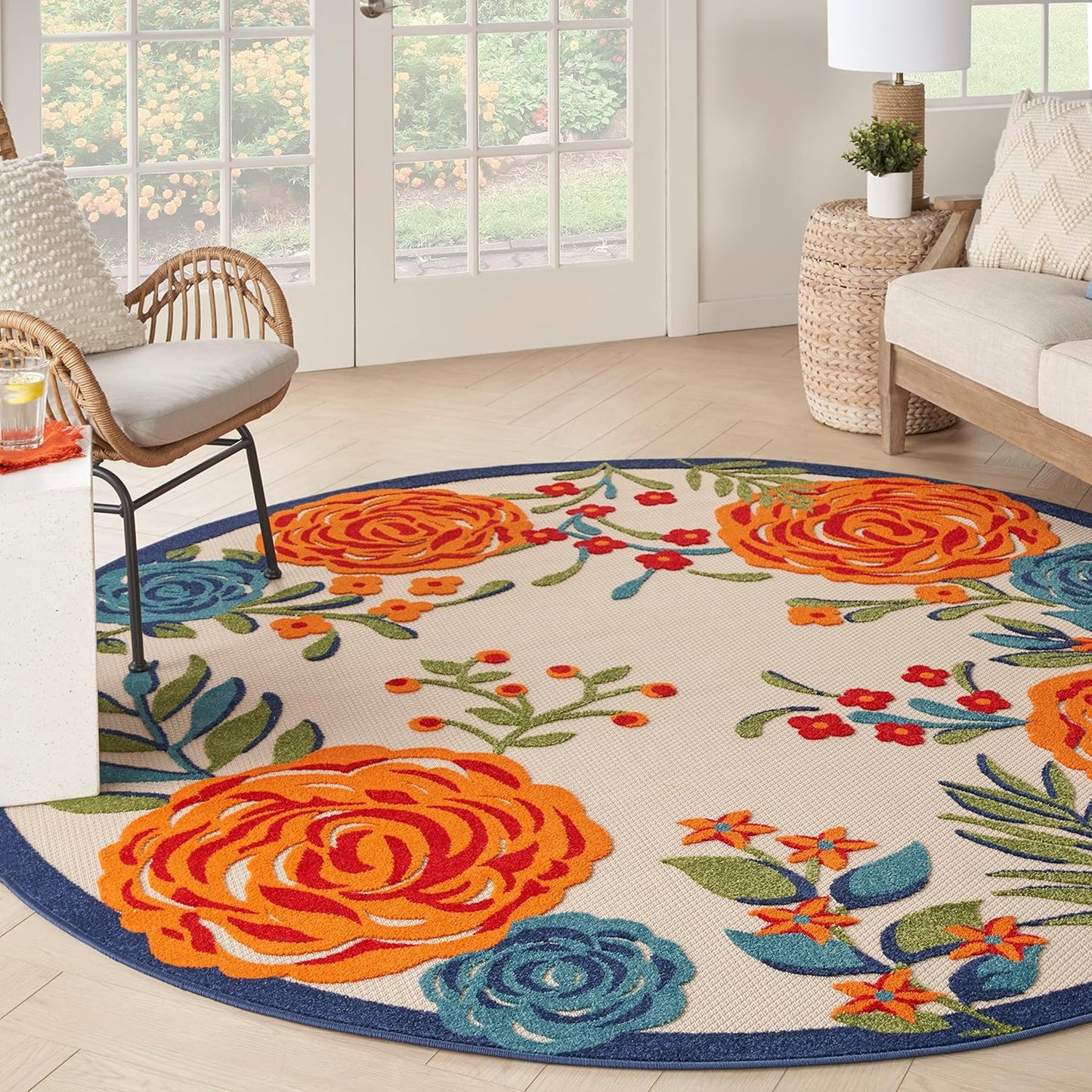 Nourison Home Aloha Indoor/Outdoor Multicolor 7’10” x Round Area Rug, Easy-Cleaning, Non Shedding, Bed Room, Living Room, Dining Room, Backyard, Deck, Patio (8 Round)