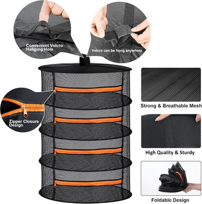 Desy & Feeci Herb Drying Rack-2ft Diameter 4 Layer Folding Mesh Hanging Basket Dryer Net with Zippers for Seeds Flowers Buds Plants Garden Outdoor Bumper Harvest(D24xH31 inch)