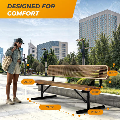 Heavy-Duty Outdoor Metal Bench, Thermoplastic-Coated, Portable, Weatherproof, Commercial-Grade for Parks, Gardens, Patios, Stores & More (6 Ft - Portable with Back, Brown)