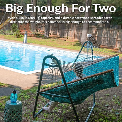 Sunnydaze Quilted Outdoor Hammock with Spreader Bars - Heavy-Duty 450-Pound Capacity Double Hammock for Outside - Cool Blue Tropics