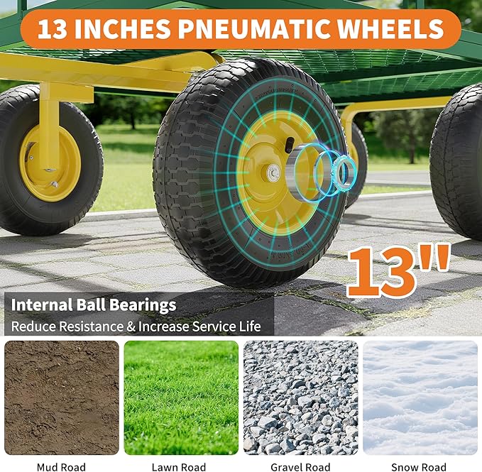 1200LB Capacity Garden Cart, 3-in-1 Heavy Duty Utility Wagon with 13" All-Terrain Tires, Removable Mesh Sides & 180° Swivel Handle - Outdoor Yard Cart for Gardening, Farming, Patio Use