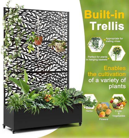 FENCY Metal Raised Garden Bed with Wheels and Trellis,73"x47"x16" Planter Box for Climbing Plants, Vegetables & Vines, Features Privacy Screen and Drainage Holes (Black-Leaf)