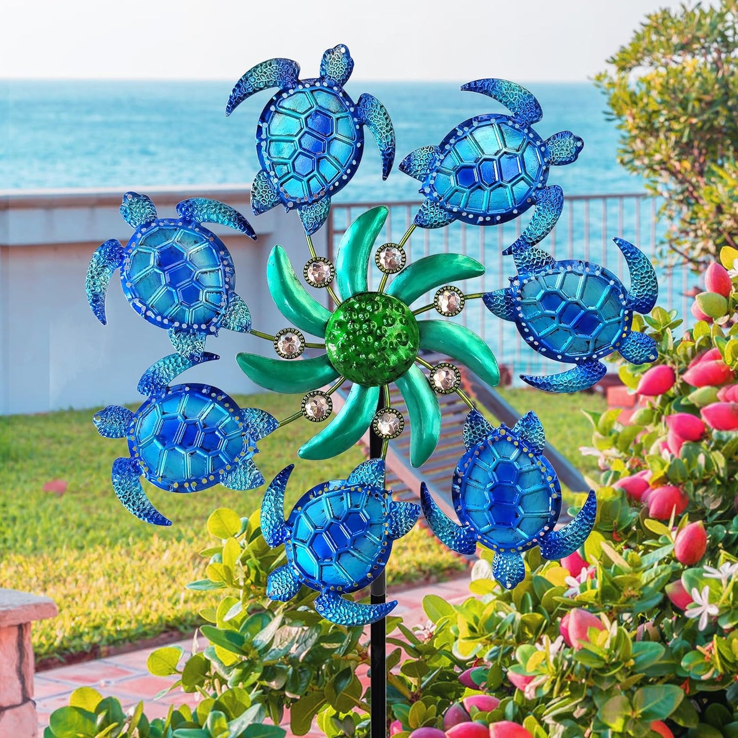39" Sea Turtle Wind Spinners Metal Garden Stake-Outdoor Ocean Theme Wind Spinners - Metal Stake Yard Spinners-Wind Sculpture Yard Art Decorations for Patio,Lawn & Garden Decor-Blue