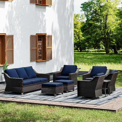 Joyside Wicker Patio Furniture Sets, 8 Pieces Upgraded Large Size Outdoor Furniture with Swivel Rocking Patio Chairs, Patio Dining Chair, 3-Seat Sofa, Outdoor Ottoman, Thick Cushions, Wide Armrest