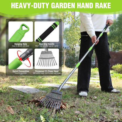 WORKPRO Rake, Small Rake for Leaves with 72” Adjustable Long Handle, 11 Steel Tines, Heavy Duty Metal Leaf Rakes for Garden, Lawn, Yard, Shrub, Flower Bed, Narrow Rakes 9" Wide Head for Tight Spaces