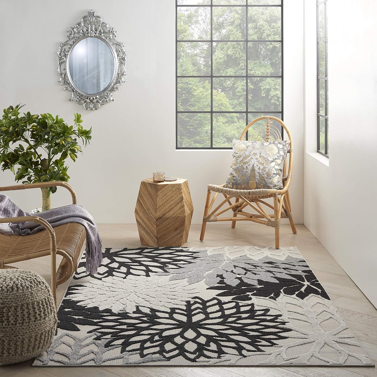 Nourison Aloha Indoor/Outdoor Black White 5'3" x 7'5" Area Rug, Tropical, Botanical, Easy Cleaning, Non Shedding, Bed Room, Living Room, Dining Room, Deck, Backyard, Patio (5x7)
