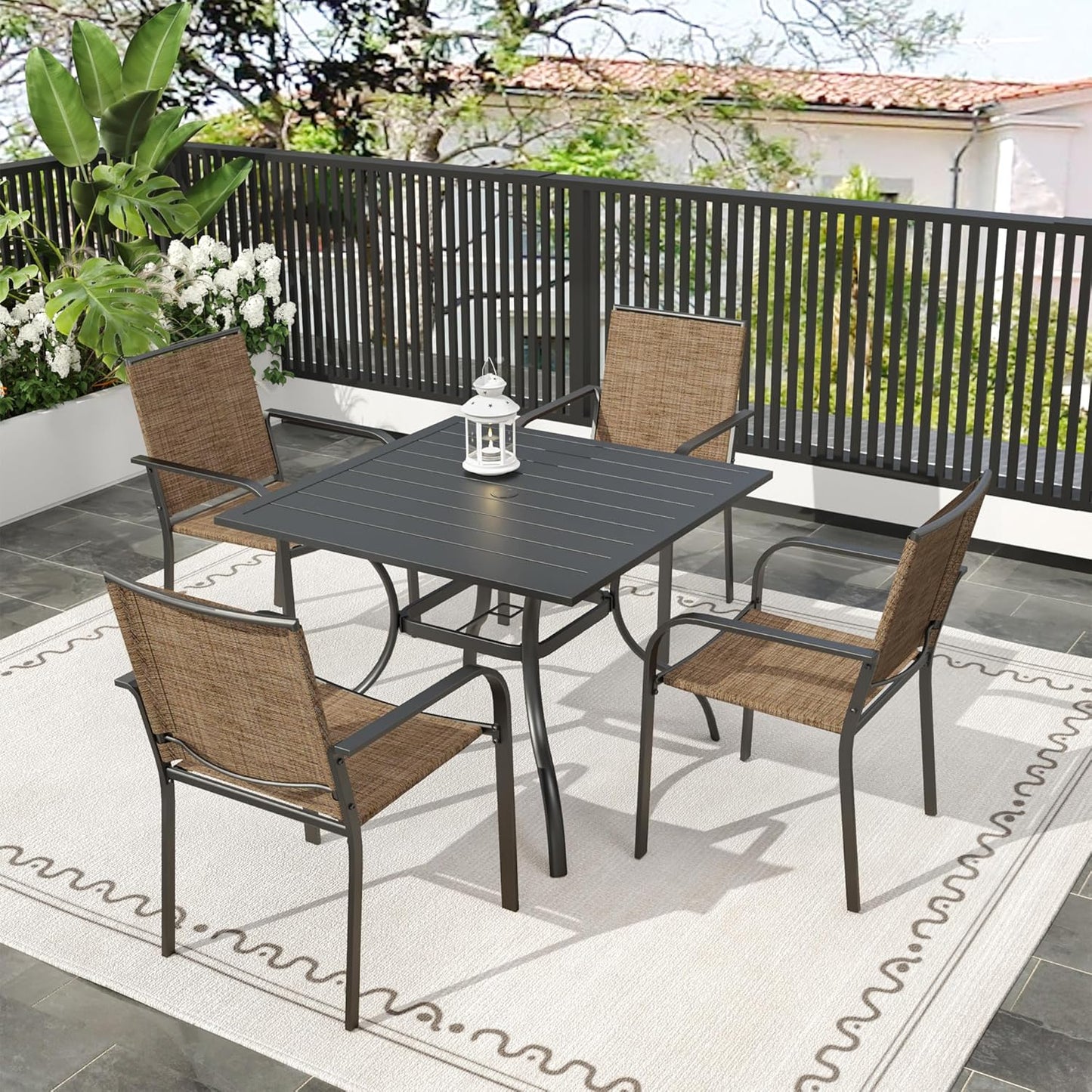 Anumutig 5-Piece Patio Dining Set, 35-Inch Square Patio Table with 4 Stackable Chairs, Weather-Resistant Frame, Brown