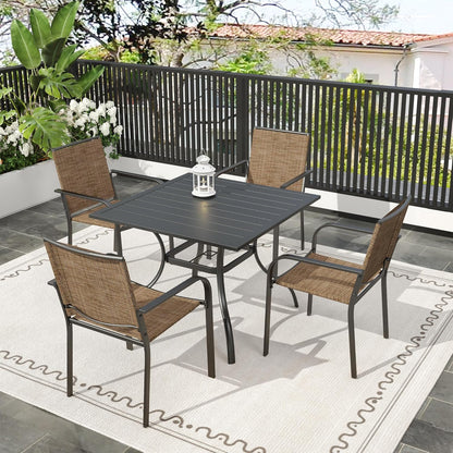 Anumutig 5-Piece Patio Dining Set, 35-Inch Square Patio Table with 4 Stackable Chairs, Weather-Resistant Frame, Brown