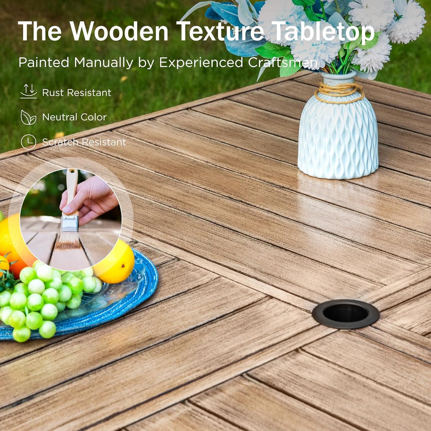 PHI VILLA Large Outdoor Patio Table for 8 Person, 60" Square Metal Steel Slat Table with 1.57"-1.9" Adjustable Umbrella Hole, Weather-Resistant Outdoor Dining Table for Deck Backyards, Brown