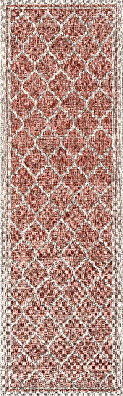 Eyely BMS109C-28 Santa Monica Trebol Moroccan Trellis Textured Weave Indoor/Outdoor Runner Rug Coastal;Bohemian, Bedroom, Backyard, Patio, Easy-Cleaning, Non-Shedding, 2 X 8, Red/Beige