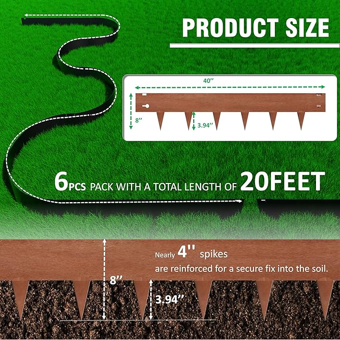 20ft (6-Pack) Cor-Ten Steel Landscape Edging – 40" x 8" Flexible Pre-Applied Rust Patina Garden Border