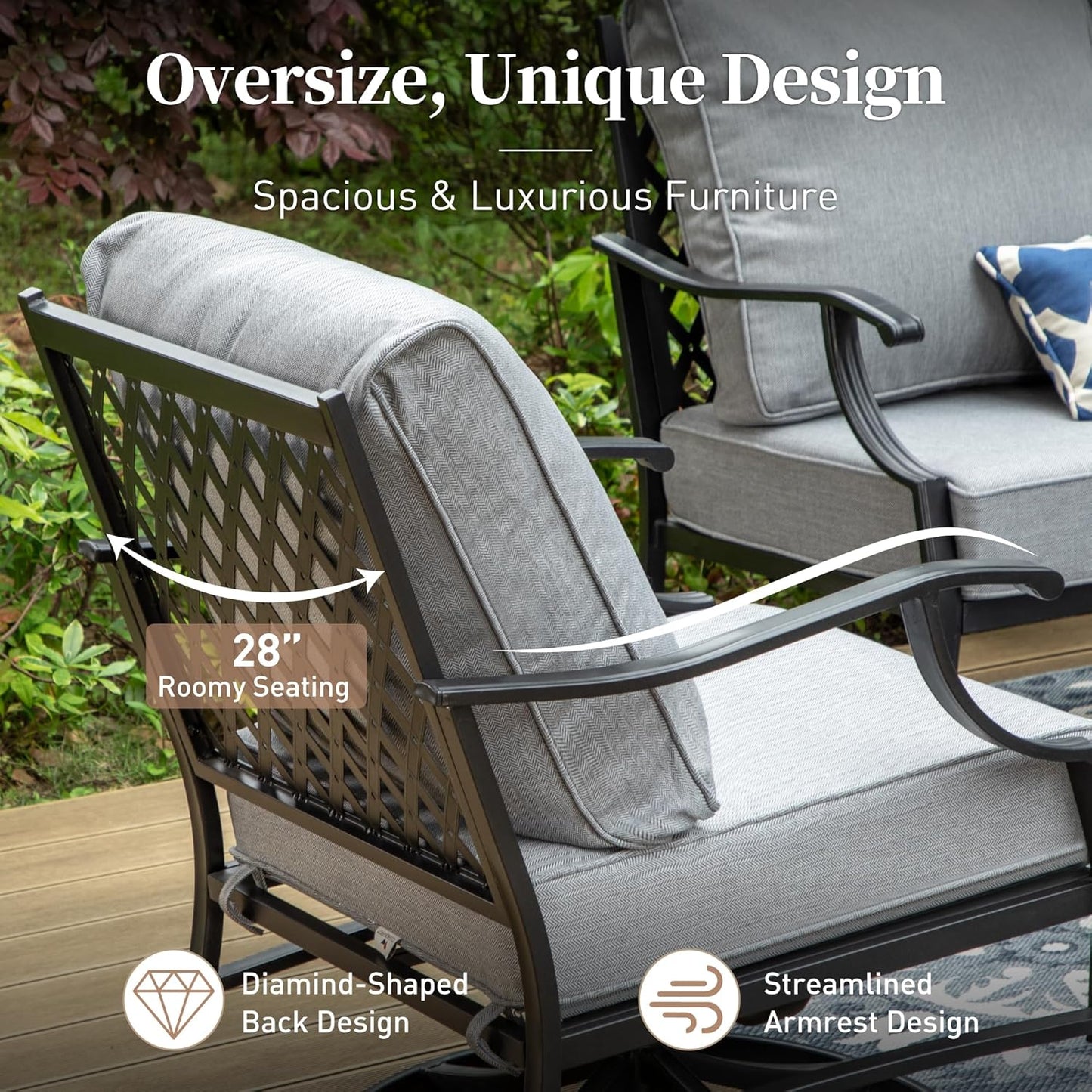 Metal Outdoor Swivel Patio Chairs Set of 2 with 5.75" Extra Thick Cushion, 2 Piece High Back Swivel Rocker Patio Chairs Outdoor Furniture Seating for Deck Balcony Front Porch, Gray