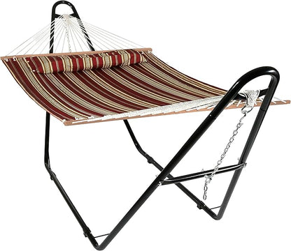 Sunnydaze Double Quilted Fabric Hammock with Universal Steel Stand - 450-Pound Capacity - Black Stand - Red Stripes
