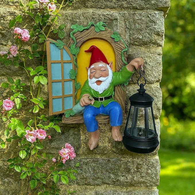 Gnome Statues Solar Lantern Whimsical Elf Out The Door Tree Hugger Figurines Tree Faces Decor Outdoor Fairy Garden Wall Art Decorations for Yard Patio Fence Ideal Gifts