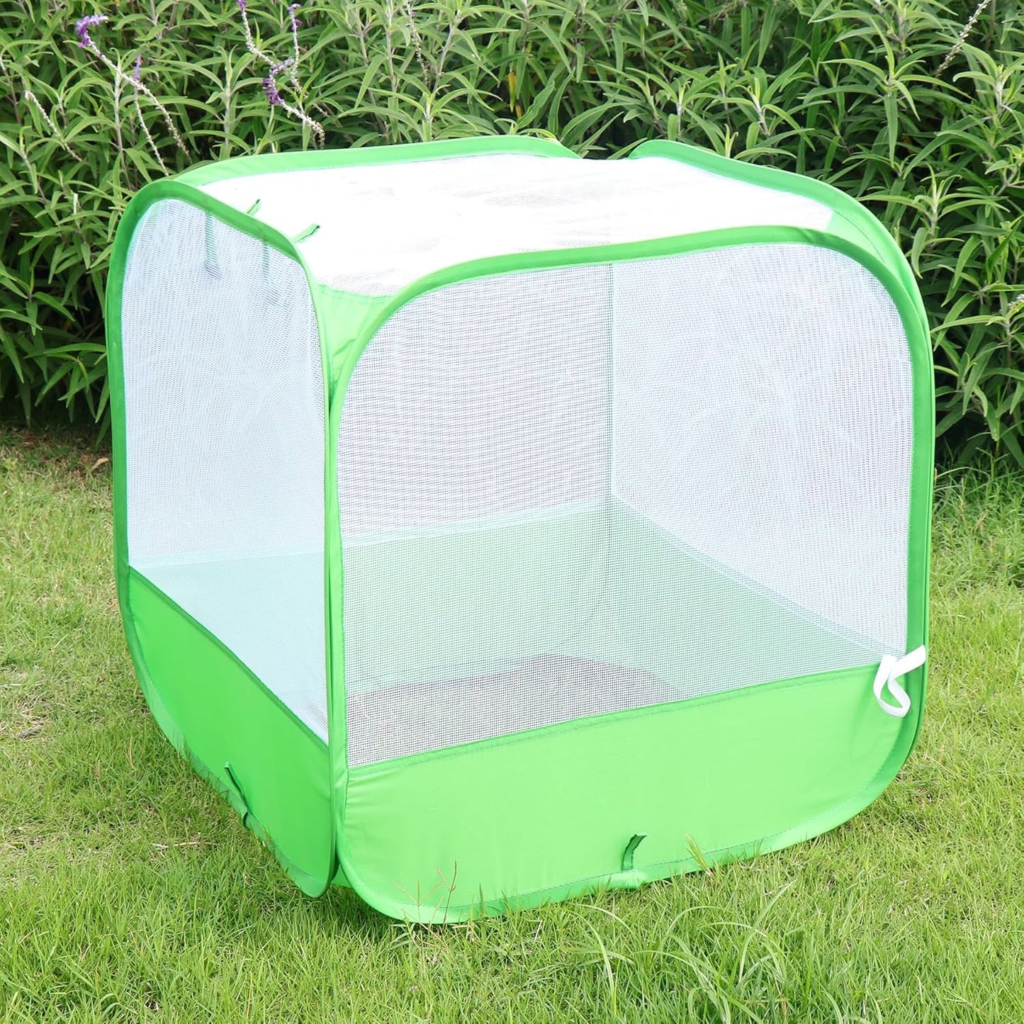 Mesh Plant Cover for Outdoor, Plant Netting Protector Garden Cover Cloche for Fruit, Vegetables, Strawberry, Flowers and Herbs Pop-Up Cage with 4 Stakes (White with Green, 19.7" x 19.7" x 19.7")