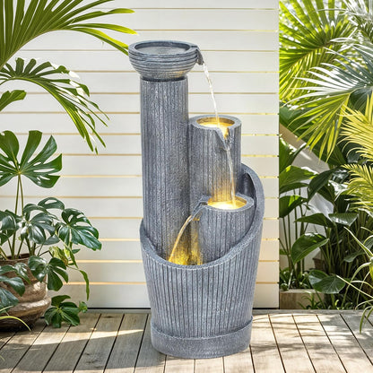 31" Modern Outdoor Water Fountain with LED Lights, 5-Tier Twist Pedestal Bowl Garden Fountain, Cascading Waterfall for Relaxing Garden, Patio, Backyard, Deck, Porch or Home Decor