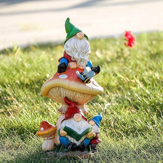 TERESA'S COLLECTIONS Garden Gnomes Statues Decorations for Yard with Solar Lights, Resin Gnome on Mushroom Reading Garden Decor Outdoor for Patio Lawn Ornaments,Ideal Gifts for Dad and Mom, 12.6"
