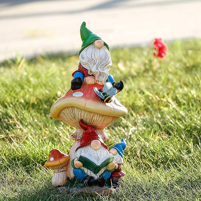 TERESA'S COLLECTIONS Garden Gnomes Statues Decorations for Yard with Solar Lights, Resin Gnome on Mushroom Reading Garden Decor Outdoor for Patio Lawn Ornaments,Ideal Gifts for Dad and Mom, 12.6"