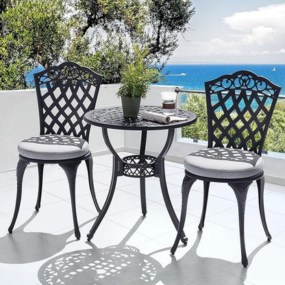 NUU GARDEN 3-Piece Patio Bistro Set Outdoor Cast Aluminum Bistro Table and Chairs Set of 2, Outdoor Patio Bistro Set with Umbrella Hole and Gray Cushions for Patio Balcony, Black