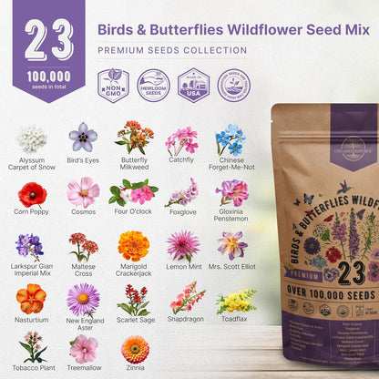 Organo Republic 23 Wildflower Seeds Annual & Perennial Mix for Indoor & Outdoors, Attract Birds & Butterflies 100,000+ Non-GMO, Heirloom Garden Seeds, 4oz Packet for Growing Wild Flowers