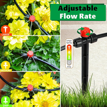 MIXC 20pcs Two-Way Quick-Connect Drip Irrigation Emitters for 1/4" Drip Irrigation Tubing - Adjustable Push-to-Connect 360° Drip Emitters Stream on 7" Sturdy Stake for Irrigation System