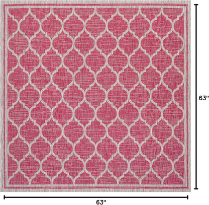Eyely BMS109H-5SQ Santa Monica Trebol Moroccan Trellis Textured Weave Indoor/Outdoor Area Rug Coastal;Bohemian, Bedroom, Backyard, Patio, Easy-Cleaning, Non-Shedding, 5' Square, Fuchsia/Light Gray